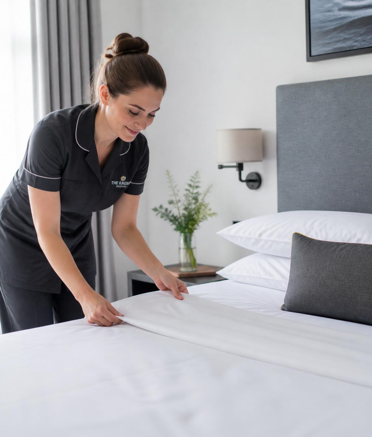 Professional cleaner preparing a London rental with crisp linen
